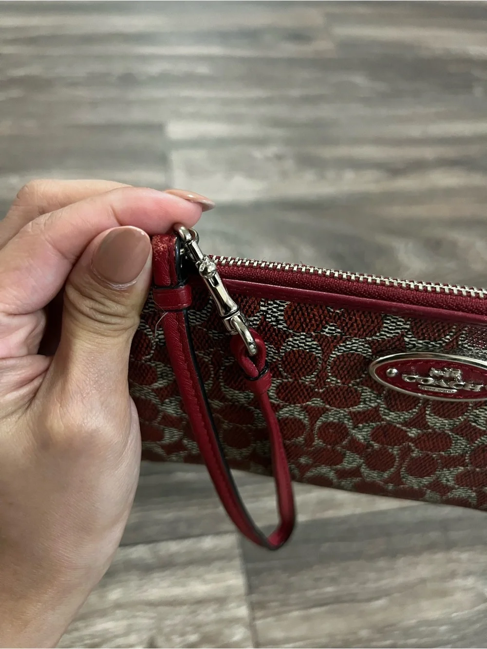 Coach Red Signature Wristlet Wallet with Silver Logo